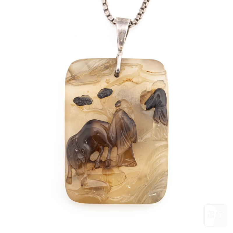An inscribed and well carved agate 'Scholar and attendant' pendant, - 图1